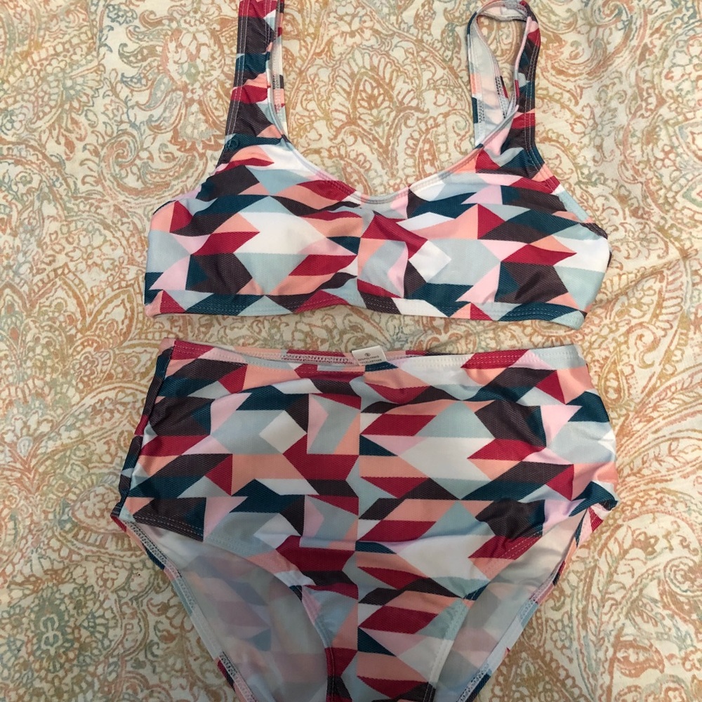 high waisted geometric swim suit